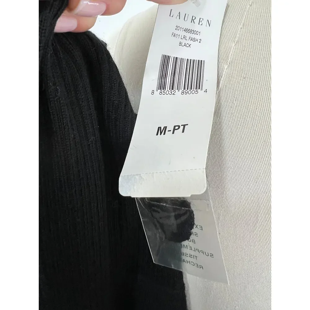 Lauren Ralph Lauren Black Merino Wool Ribbed 3/4 Sleeve Sweater Dress Sz PM NEW